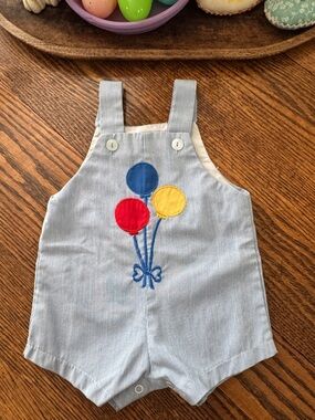 Vintage Infant Embroidered Romper Overalls - Light Blue Baby Infant